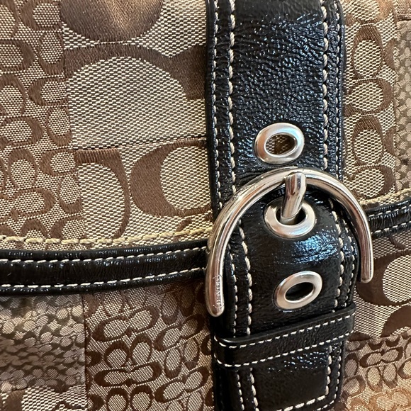 Coach purse handbag black leather with tan signature printed fabric - Picture 1 of 8